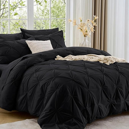 Sasttie California King Comforter Set, 7-Piece Bed in a Bag, Pintuck Bedding Sets for All Season, Includes Comforter, Flat Sheet, Fitted Sheet, Pillowcases and Pillowshams, Black