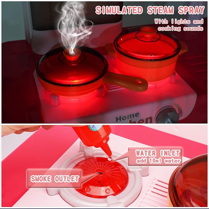 Kids Play Kitchen Toy Playset,Pink Kitchen Toy Set with Play Sink & Pretend Steam, Toddler Kitchen Accessories Set with Sounds & Light, Birthday for Boy Girl 3 4 5 7 8 Year Old