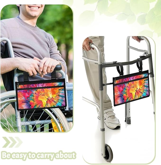 ZOUTAIRONG Tie-Dye Map Wheelchair Side Bag Power Wheelchair Bag Walker Bag Walker Organizer Pouch Tote for Rollator and Folding Walker Wheelchair Bags to Hang on Side Wheelchair Accessories