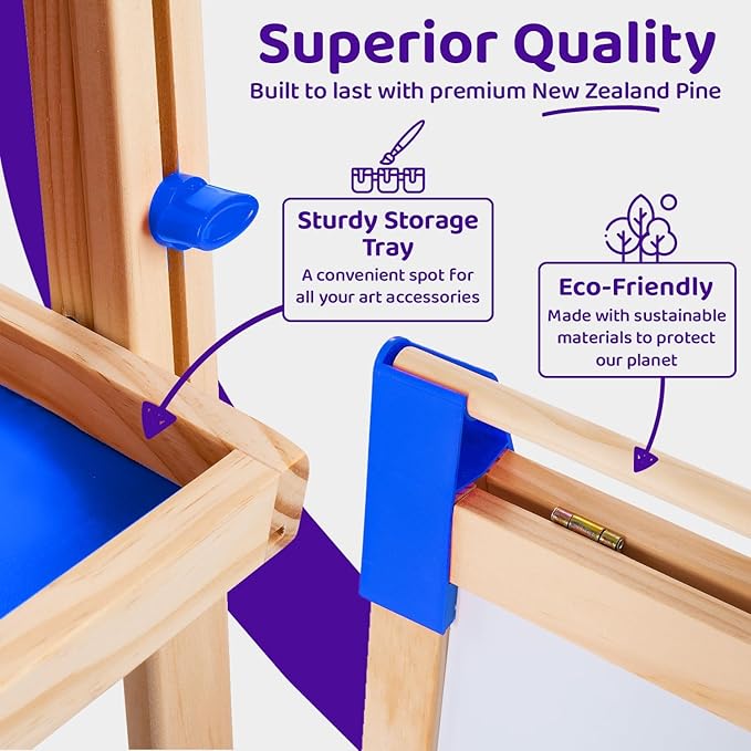Blue Squid Art Easel for Kids - Dual-Sided Adjustable Wooden Painting Easels, Ideal Christmas Gift for Toddlers and Kid - with Magnetic Chalk Board, White Board & Paper Roll, Includes Accessories