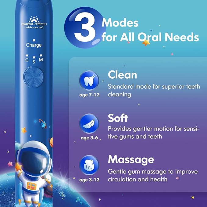 Kids Electric Toothbrush Rechargeable Age 3-5-6-12-18 Year Old, Childrens Electric Toothbrush with Timer 3 Modes 4 Vibrating Heads Habit Stickers 31000VPM Boys Electric Toothbrush (Astronaut Blue)