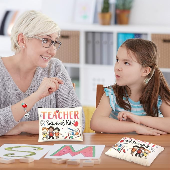 8 Pcs Teacher Appreciation Gift Set for Women, 4 Teacher Makeup Pouch Cosmetic Bags and 4 Bangle Bracelets, Christmas Valentines Thank You Gifts for Teacher (Cute Style)