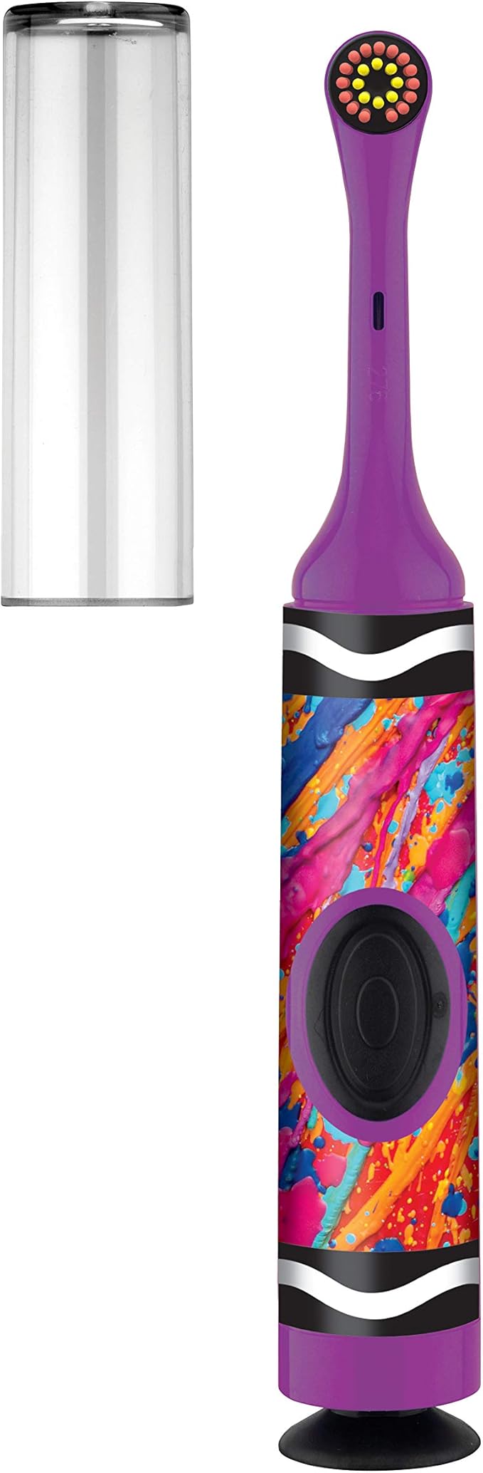 GUM Crayola Power Toothbrush for Kids, Extra Soft Bristled Toddler Toothbrushes, Travel Cap + Suction Cup Base, Batteries Included, 1ct (4pk)