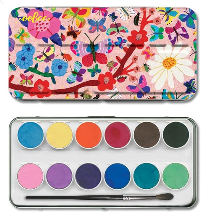 eeBoo: Butterflies Watercolor Paint Set, Easy to Close, Portable Tin Set, 12, Perfect for Watercolor Painting, Paint Brush Included