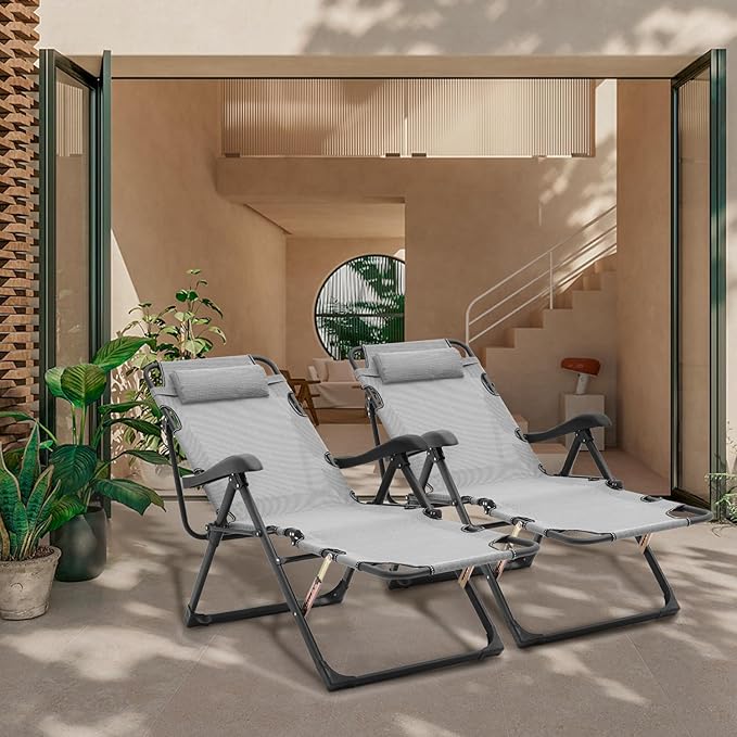 Athena Collection Zero Gravity Outdoor Lounge Chair Recliner Set of 2, 27" Width Reclining Pool Lounge Lawn Chairs with Headrest, Outdoor Chaise for Beach Patio Backyard Outside, Grey