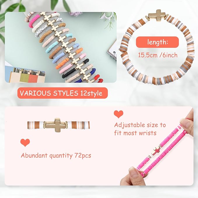 48 Pcs WWJD Bracelets What Would Jesus Do Bracelets for Women, Christian Wristbands Pack Handmade Elastic Beaded Wristbands Inspirational Religious Jewelry Gift for Girls Her(Cross)