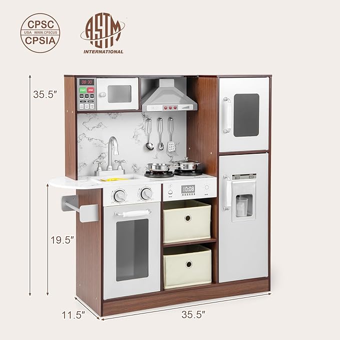 Costzon Kids Kitchen Playset, Wooden Pretend Cooking Kitchen Toy with Realistic Sounds & Light, Range Hood, Microwave, Ice Maker, Sink & Faucet, Toddler Play Kitchen, Gift for Boys & Girls 3+