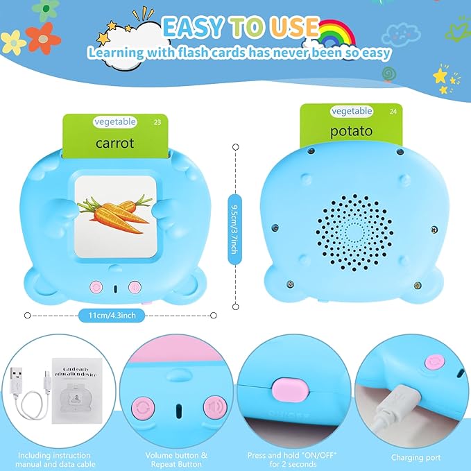 Kids Toddler Talking Flash Cards with 224 Sight Words,Montessori Toys,Speech Therapy,Autism Sensory Toys,Learning Educational Gifts for Age 2 3 4 5 Years Old Boys and Girls (Blue)