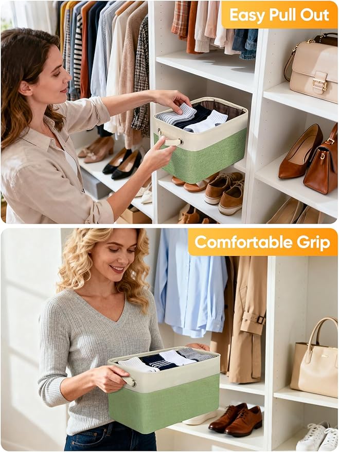 BALEINE 3 Pack Fabric Storage Bins for Shelves, Linen Storage Baskets for Organizing, Decorative Closet Bins for Clothes, Home (Green, 14''x10''x8.5'')