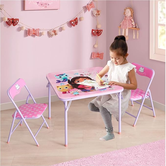 Idea Nuova Gabby's Dollhouse 3 Piece Children's Activity Square Table and 2 Folding Chairs Set, Ages 3+