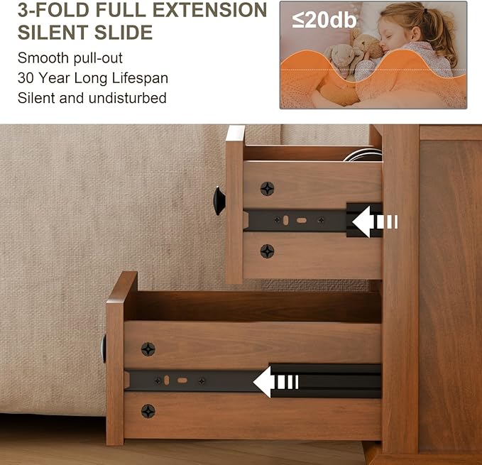 End Table with Fast USB C Charging Station, 18" Wide Tall Sofa Side Table with 2 Drawers, Large Storage Rustic Wood Square Storage Cabinet for Living Room,Bedroom,Office