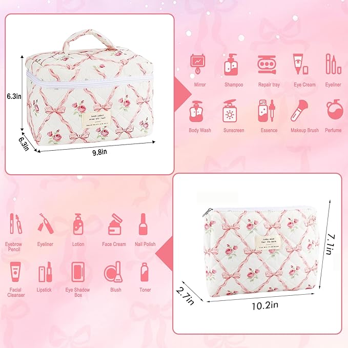URSKYTOUS 2Pcs Cotton Quilted Makeup Bag for Women Girls Large Small Travel Floral Cosmetic Bags Set Cute Coquette Pink Makeup Pouch for Purse Aesthetic Cloth Flower Storage Toiletry Bag Organizer