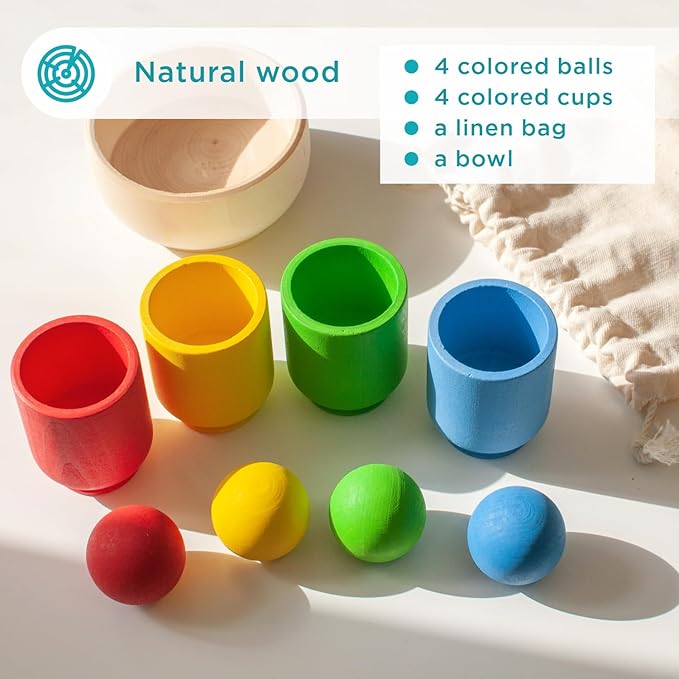 Ulanik Balls in Cups Starter Kit Toddler Montessori Toys for 1+ Year Old Kids Wooden Matching Game for Learning Color Sorting and Counting — 4 Balls, 1.18 in