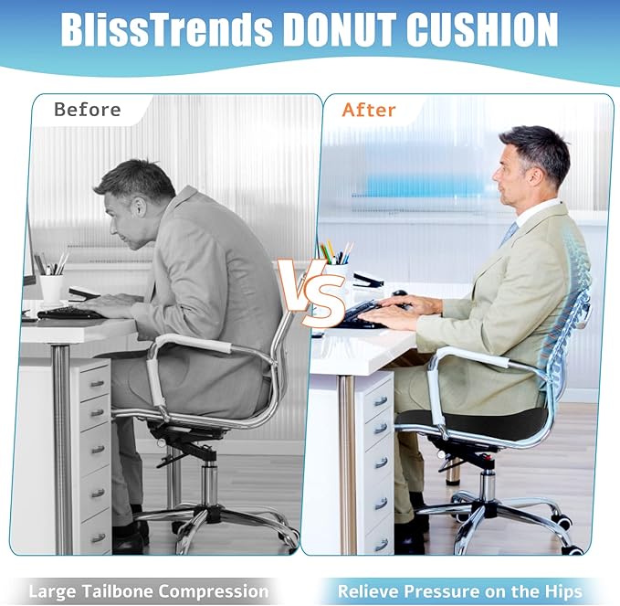 BlissTrends Donut Pillow Seat Cushion, Donut Chair Cushions for Postpartum Pregnancy & Hemorrhoids, Tailbone Pain Relief Cushion, Memory Foam Lifting Cushions for Office & home Chairs (Black, X-Large)
