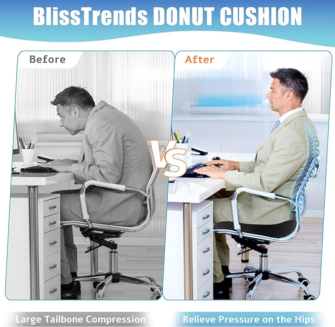 BlissTrends Donut Pillow Seat Cushion,Donut Chair Cushions for Postpartum Pregnancy & Hemorrhoids,Tailbone Pain Relief Cushion,Memory Foam Lifting Cushions for Office&Home Chairs (Black)