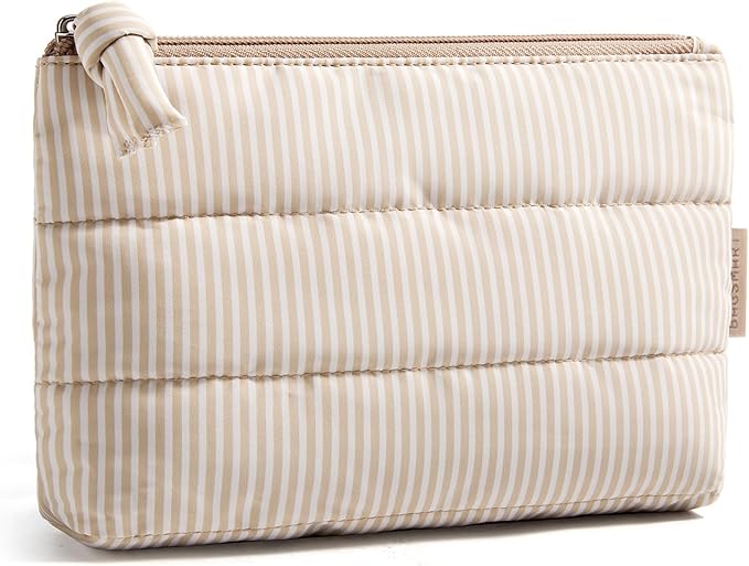 BAGSMART Small Makeup Bag, Puffy Portable Cosmetic Pouch with Charm Zipper, Water-Resistant Travel Organizer for Women (Khaki Stripe, Small)