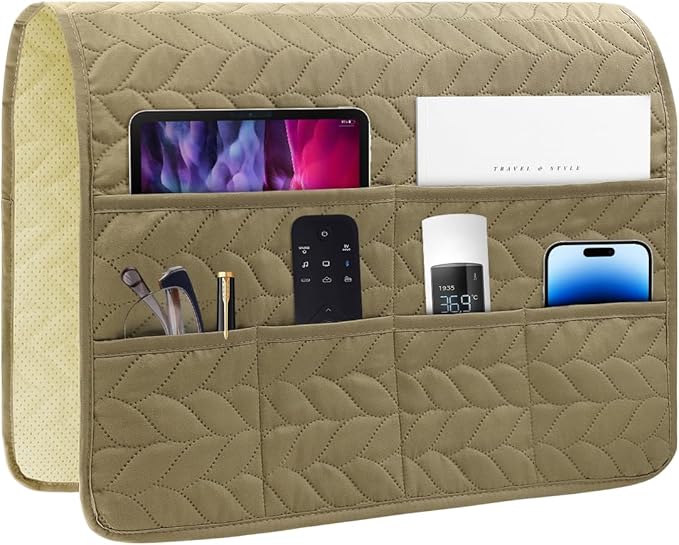 Sofa Armrest Organizer Arm Chair Caddy for Recliner, Remote Control Holder for Recliner, Non-Slip Armchair Caddy with 6 Pockets Storage for Magazine, Tablet, Phone, Dark Khaki