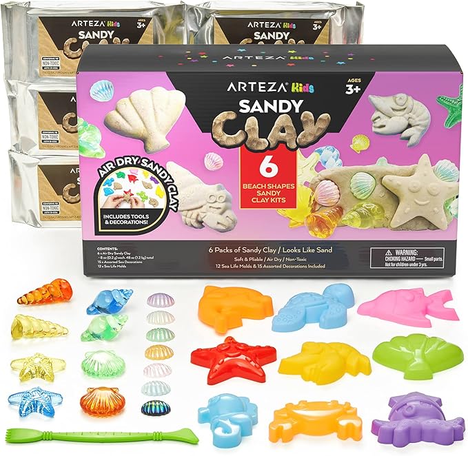 Arteza Kids Air-Dry Modeling Clay Kit, 6 x 8-oz Packs, 12 Sandy Clay Molds and 15 Assorted Sea-Life Beach Decorations, Soft, Pliable, Supplies for Kids’ Crafts and Sensory Play