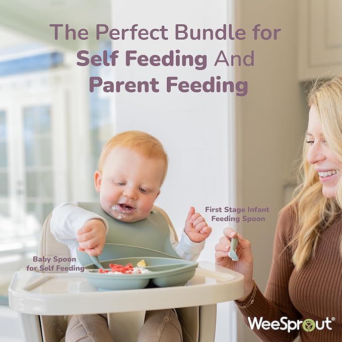 WeeSprout Baby Led Weaning Bundle, Silicone Suction Bowl, Spoons, Bib & Cup, Develops Self Feeding Skills, Dishwasher Safe (Blue)