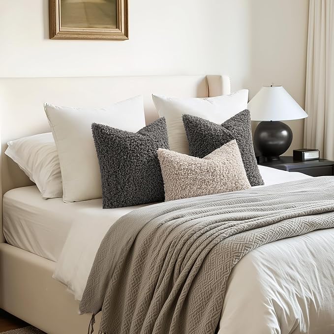 Woaboy Faux Fur Throw Pillow Covers 18x18 Inch Set of 2 Boucle Neutral Decorative Sherpa Fuzzy Accent Soft Sheepskin Fleece Cushions Modern Home Decor for Couch Sofa Bedroom Living Room,Gray