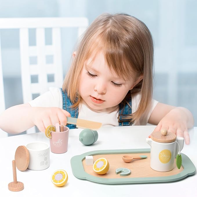 Lemonade Stand for Kids Tea Set Pretend Play Toys Tea Party Set Lemonade Stand Supplies No Assembly Required Non-Toxic Wooden Toys Tea Sets for Toddlers 3-5 Birthday Gift