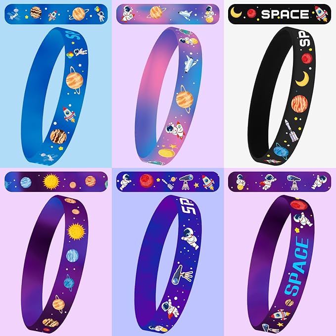 JUNEBRUSHS 42pcs Outer Space Party Favors Silicone Bracelets Galaxy Astronaut Stars Space Rubber Wristbands Accessories for Students Space Themed Birthday Party Favors Decorations Supplies(6 Designs)