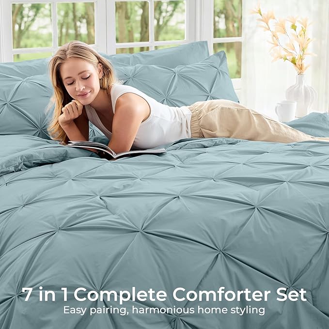Sasttie King Size Comforter Set, 7-Piece Bed in a Bag, Pintuck Bedding Sets for All Season, Includes Comforter, Flat Sheet, Fitted Sheet, Pillowcases and Pillowshams, Greylish Blue