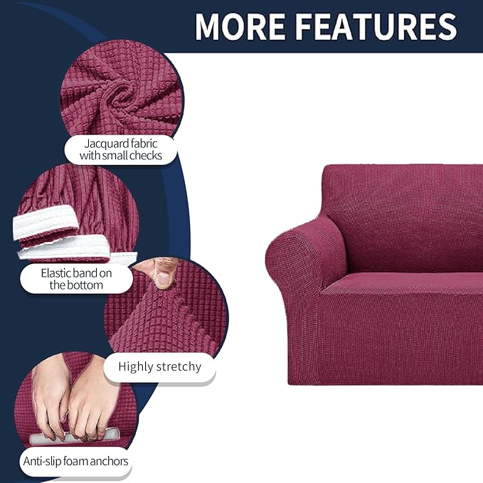 2025 New Stretch Oversized Sofa Slipcovers Couch Sofa Cover for 4 Seater Furniture Protector Covers with Elastic Bottom Jacquard Fabric Small Checks for Pets, Kids - Wine