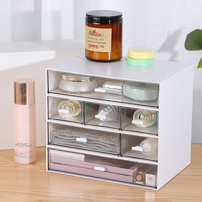 Desk Craft Organizer and Storage with 7 Flat Drawers, Stackable Plastic Desktop Accessories & Workspace Organizer for Office Stationary, Makeup Skincare, Sanitation Supplies, White