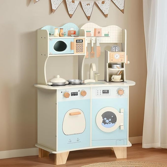 Ktaxon Wooden Play Kitchen with Coffee Maker, Pretend Kitchen Playset for Kids with Toy Washing Machine, Oven, Microwave & Cooking Set Accessories for 3+ Years