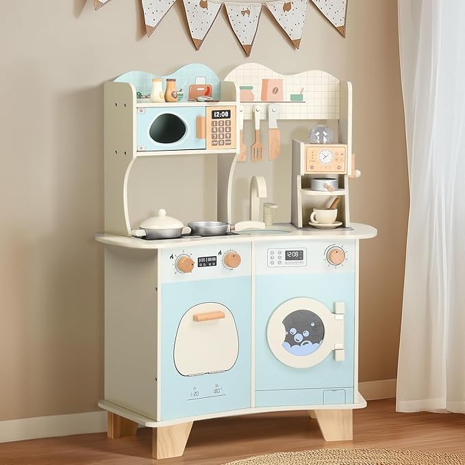 Ktaxon Wooden Play Kitchen with Coffee Maker, Pretend Kitchen Playset for Kids with Toy Washing Machine, Oven, Microwave & Cooking Set Accessories for 3+ Years