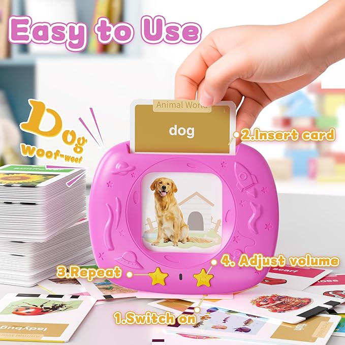 Toddlers Talking Flash Cards with American Accent & 288 Sight Words, Speech Therapy Toys for 3 4 5 6 Years Old Boys and Girls, Learning Montessori Sensory kit, Kids Birthday Gifts (Pink)