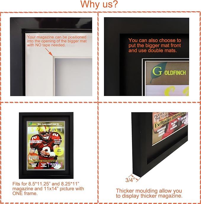 Goldfinch 2 Packs Sports Magazine Frame Displays Magazines Measuring 8.5 x 11.25 or 8.25 x 11 inches with Double Black Core Matting, Deep Frame Moulding, with Installed Hangers