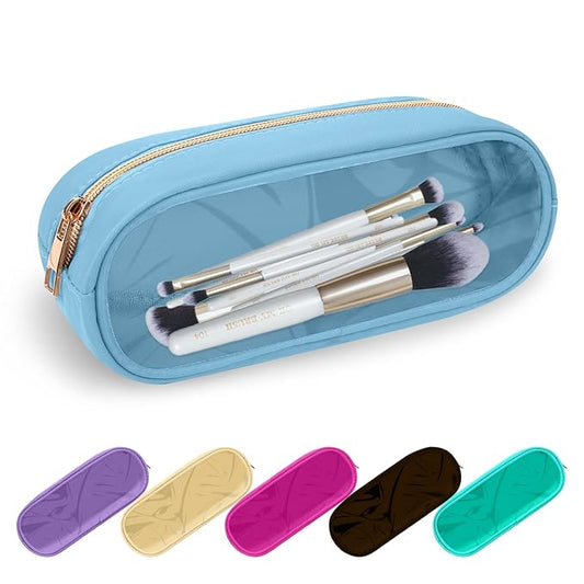 UIXIZQ Clear Small Pencil Pouch Makeup Bag for Purse,Nylon&PVC Pencil Case Waterproof Makeup Brush Holder with Zipper,Preppy Transparent Pen Bag Travel Cosmetic Bag for Women Office(Slim-Blue)