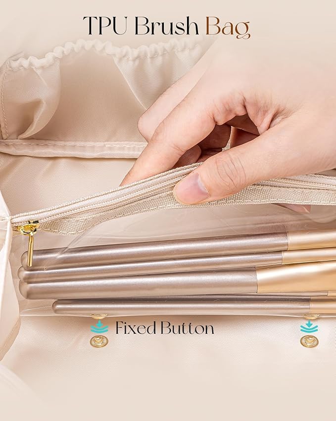 Vlando Makeup Bag,Large Capacity Travel Toiletry Bag,Cosmetic Bags for Women PU Leather Waterproof Portable Pouch with Divider & Handle-Apricot Pink