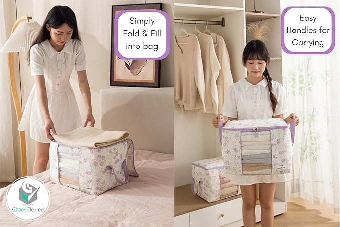 Canvas Storage Bags 2 Pack Designer Organizer bags for Clothes, sweaters, clothing, garments, quilt, linens, large folding organizers with zip & window, moth proof space saver Purple floral Print