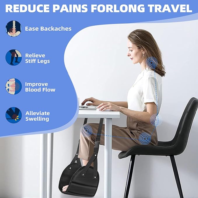 Travel Essentials for Women Men, 1 Pack Black Airplane Footrest Leg Foot Hammock Rest Travel Luggage Accessories Gadgets Under Desk Flying Long Fight Trip Seat Organizer Must Haves Gifts Kids Needs