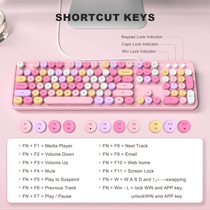 MOFII Wired Full Size USB Keyboard, Colorful Retro Round Typewriter Keyboard with Foldable Stands for Windows PC Laptop (Pale Pink)