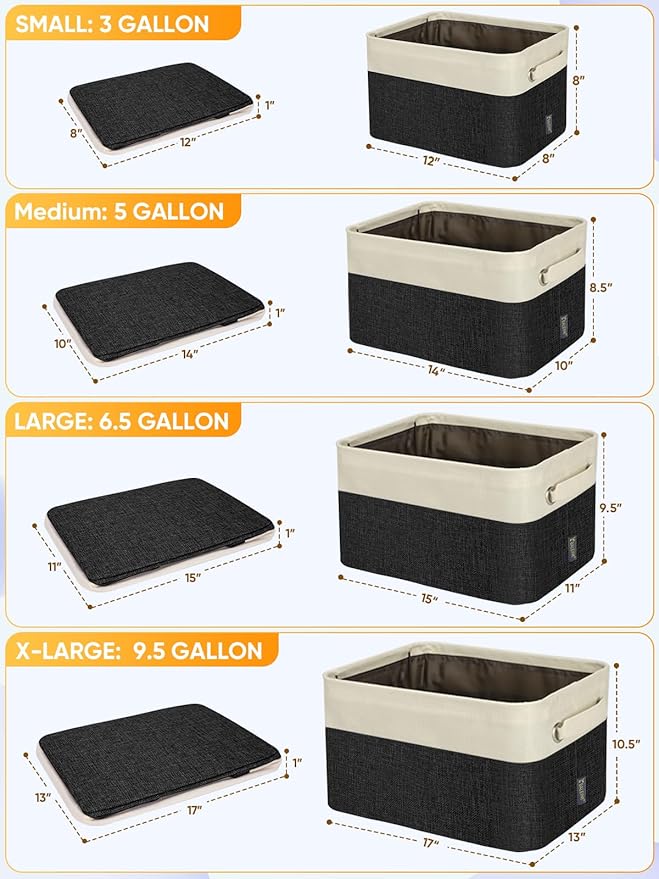 BALEINE 3 Pack Fabric Storage Bins for Shelves, Linen Storage Baskets for Organizing, Decorative Closet Bins for Clothes, Home (Black, 15"x11"x9.5")