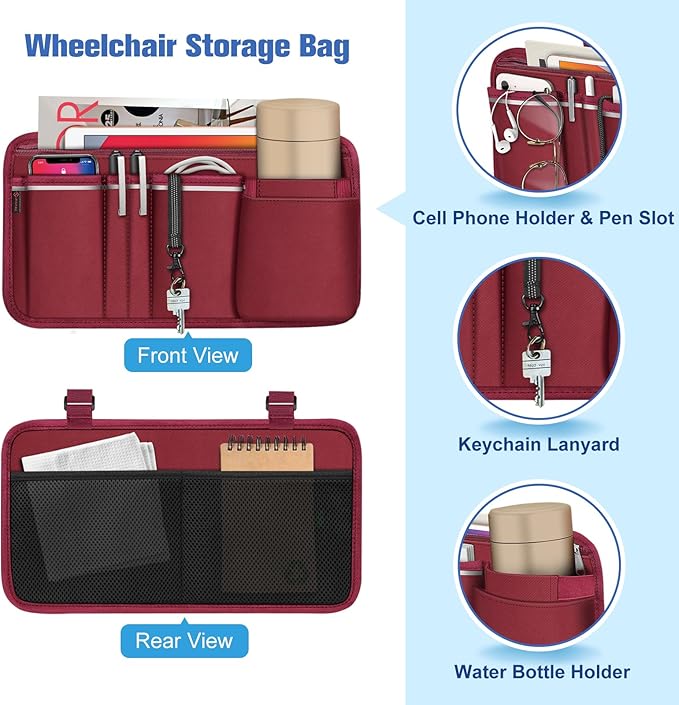 FINPAC Wheelchair Side Storage Bag w/Cup Holder, Wheelchair Armrest Accessories Pouch with Pen Slot and Reflective Strips for Power Walkers, Rollators, Seniors - Burgundy