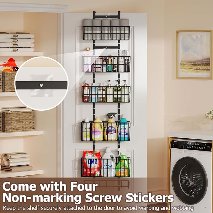 Hongtamoya Adjustable Over The Door Organizer, Metal Hanging Door Organizer with 5 Wire Basket 7 Hooks, Wall Mounted Shelf for Pantry Laundry Organization and Storage, Black