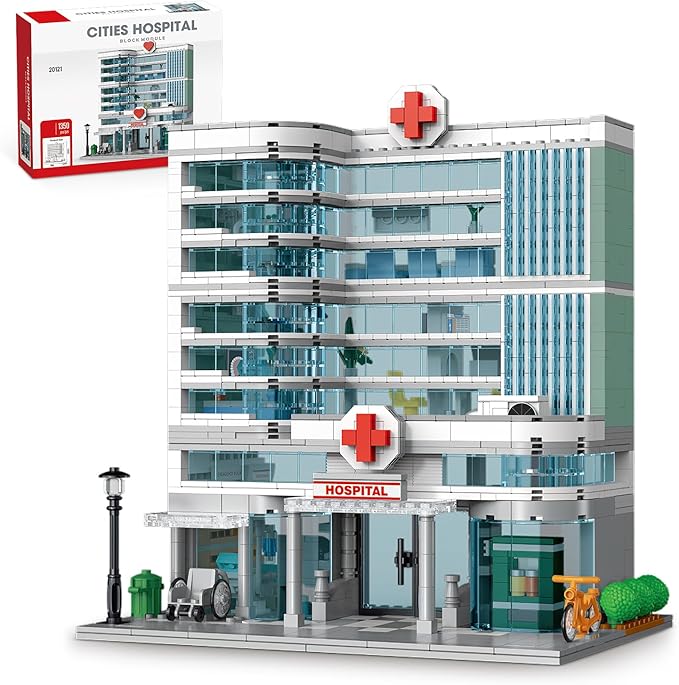 City Hospital Toy Building Set with LED Lighting, Compatible with Lego, Modular Three-Story Architecture Set for Adults, Gift Idea for Kids Ages 10 and Up (1350 Pieces)