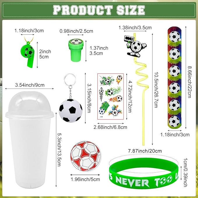 Cinrobiye 146 Pcs Soccer Party Favors, Sports Party Supplies with Cup Straw Soccer Keychain Tattoo Sticker Slap Bracelet Whistle Treat Bag Gifts for Classroom Rewards Soccer Birthday Party (Soccer)