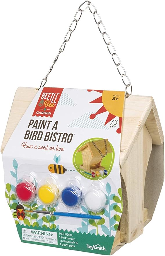 Beetle & Bee Paint a Bird Bistro - DIY Kid Art Craft Outdoor Birdhouse Kit, Bird House Painting Kit for Kids, Hardware & Glue Included- 4 Paints, 1 Brush, 7 Wooden Pcs, Age 5+