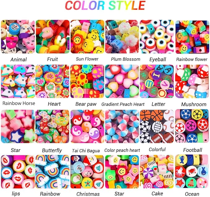 JOICEE 480PCS Fruit Flower Polymer Clay Beads, 24 Style Cute Heart Mushroom Clay Beads Charms for Jewelry Necklace Earring Making, DIY Bracelet Making Kit Accessories for Women Girls