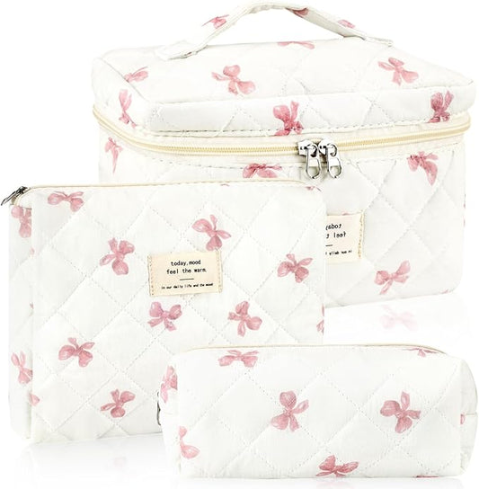 URSKYTOUS 3Pcs Cotton Quilted Makeup Bag for Women Extra Large Coquette Small Floral Travel Cosmetic Bag Set Aesthetic Cute Bow Makeup Pouch Portable Toiletry Bag Puffy Essential Storage Organizer