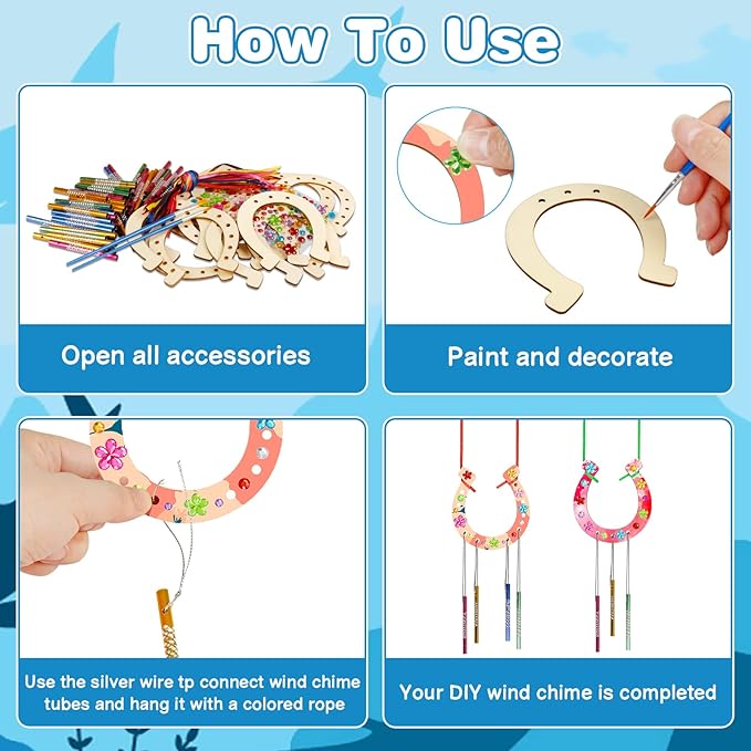 Fennoral 16 Pack Wind Chime Kit for Kids Make Your Own Horseshoe Wind Chime Wooden Arts and Crafts for Girls Boys Ornaments DIY Coloring Horseshoes Craft for Art Activity Birthday Supplies