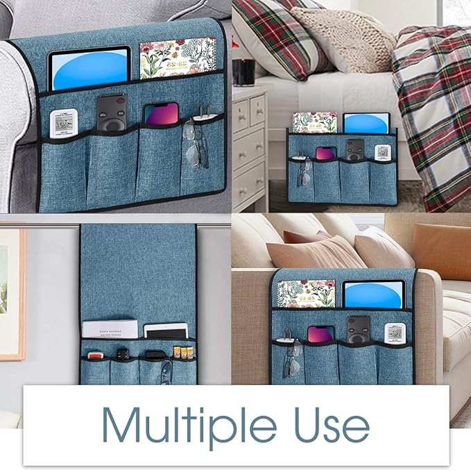 Joywell Remote Holder for Couch Non Slip Sofa Armrest Organizer Armchair Caddy with 6 Pocket Storage for Magazine, Tablet, Phone, iPad, Grey-Blue