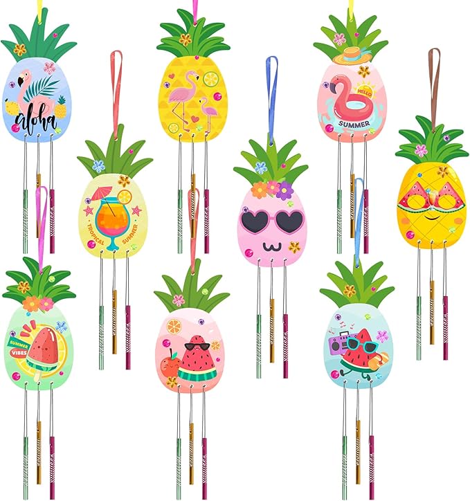 Fennoral 9 Pack Pineapple Wind Chime Kit for Kids Make Your Own Pineapple Wind Chime Wooden Arts and Crafts for Girls Boys DIY Coloring Pineapple for Hawaii Summer Art Activity Birthday Party