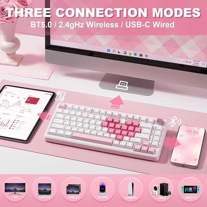 YUNZII B75 PRO Wireless Mechanical Keyboard,75% Layout with Knob,Hot Swap Gasket Structure,Creamy Pre-lubed Switches,RGB Backlit,Bluetooth/Type-C/2.4G for Win/Mac (White, Milk Switch)